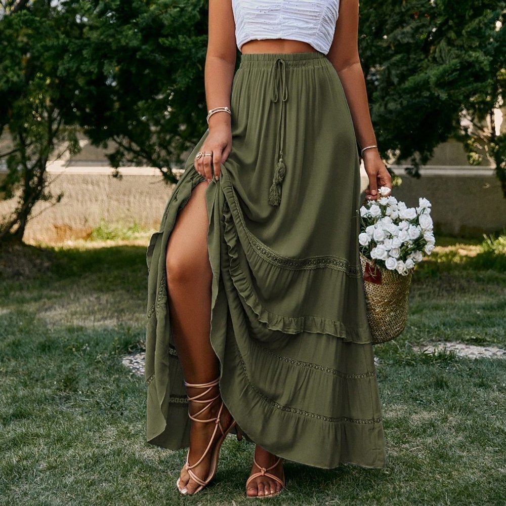 Green Boho Womens Tie Waist Ruffle Hem Skirt